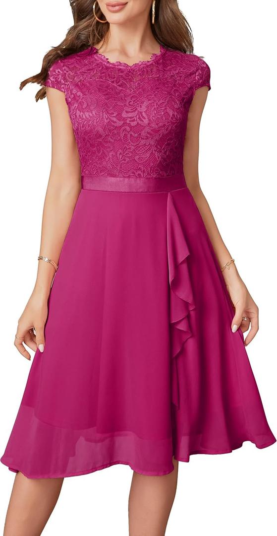 Women's Cocktail Dresses for Women Evening Party, Tea Party Dresses for Women 2024 Wedding Guest Dress, Black Prom Semi Formal Dress Elegant Lace Silk Bridal Shower Dress for Women Rose Pink XL