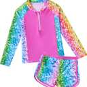 Vogseek Girls Swimsuits 5-9 Years 2 Piece Zip Rashguard Sets Long Sleeve Bathing Suit (Rose)