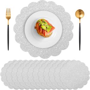 60 Pcs Silver Glitter Paper Placemats, 13.5 Inch Scalloped Disposable Placemat Round Sparkle Table Place Mats Decorative Paper for Birthday Wedding Banquet Party