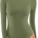 MANGOPOP Women's Crew Neck Short Sleeve Bodysuit Long Sleeve Body Suit T Shirts Basic Slim Fitted Tops (X-Large, D1 Long Sleeve Army Green)