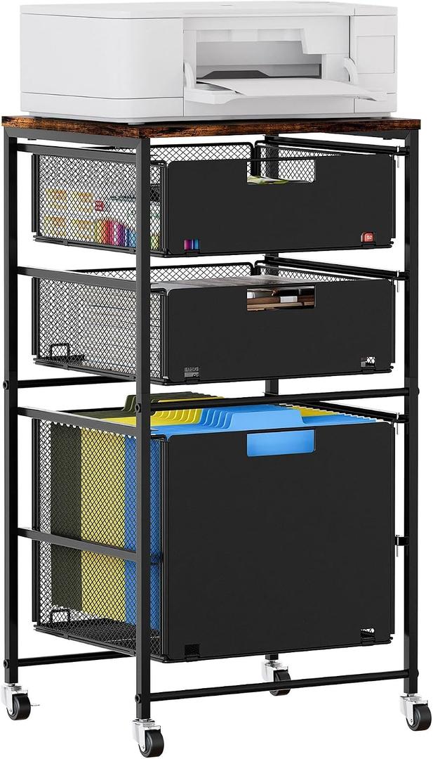 EasyPAG Rolling Storage Cart with 3 Drawers, Under Desk File Cabinet on Lockable Wheels, Movable Letter Size Hanging File Folder Organizer with Wooden Printer Stand for Home Office, Black
