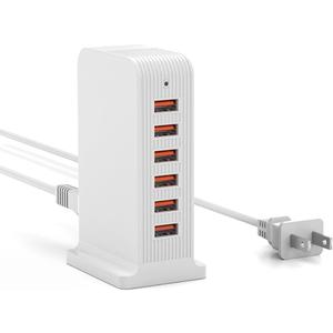 USB Charging Station - Multiport USB Charger Hub,6 Port Charger Tower for iPhone 15/14/13/12, iPad, Samsung Galaxy, Google Pixel,HTC, and Multiple Devices (white-50W)