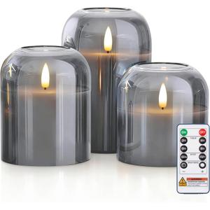 Homemory Glass Flameless Candles, Battery Operated Plliar Candles Realistic Flickering, LED Electric Light with Remote and Timer for Home, Christmas Decoration, Gray, Set of 3 (D4"xH4"5"6")