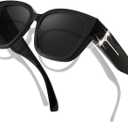 TJUTR Polarized Sunglasses Fit Over Glasses for Women, Oversized Driving Sun Glasses with Rhinestone Designer Style (A2 Black/Grey)