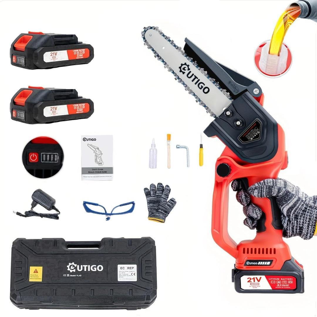 Mini Chainsaw with Battery, 8 inch Electric Chainsaw with 2 * 21V Batteries, with Safety Lock and Strong Motor for Tree Trimming, 800 W