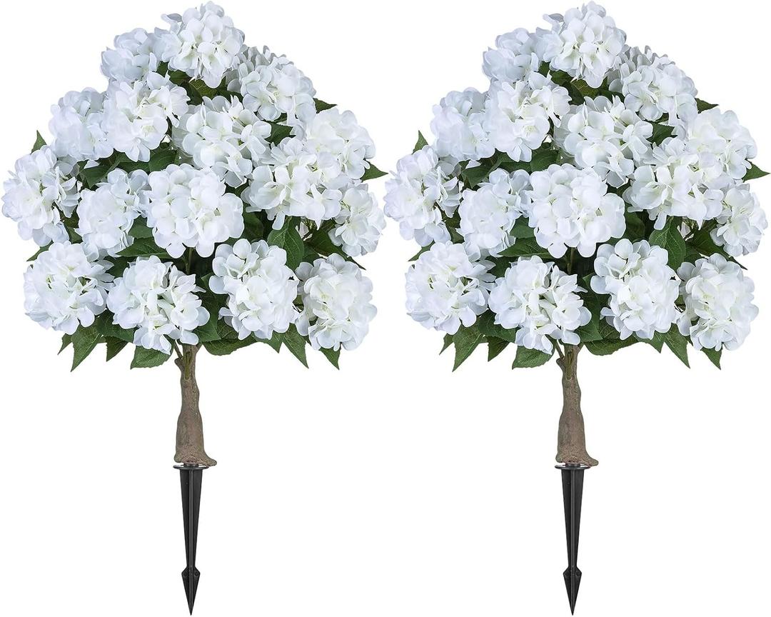 BLOSMON Fake Hydrangea Trees for Outdoors - 2 Packs 33" White Artificial Flower Topiary Ball Trees for Front Porch Decor - 20 Heads Faux Silk Hydrangea Bush Plants with Spike for Garden Yard Patio