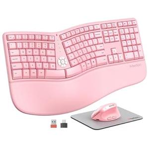 MEETION Wireless Ergonomic Keyboard and Mouse Combo, 2.4G Cordless Split Keyboard with Cushioned Palm Rest, Rechargeable Vertical Mouse, Natural Typing Full Size Keyboard, Windows/ Mac Pink