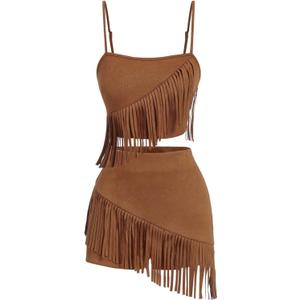 MakeMeChic Women's 2 Piece Summer Outfits Suede Fringe Sleeveless Cami Top and Shorts Cowgirl Sets (Brown, Medium)