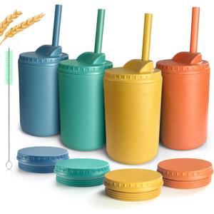 Teivio 4 pcs 10 oz Wheat Straw Kids/Toddler Cups with Lid and Straws, Reusable Spill proof cups for Kids,Unbreakable plastic cups with Silicone Straws&Cleaning Brush,Dishwasher Safe,Autumn Multicolor