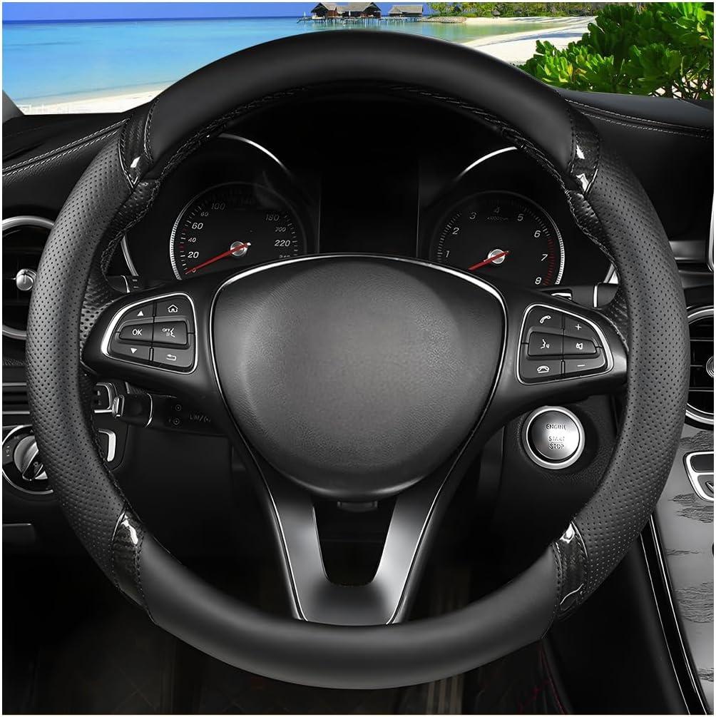 Carbon Fiber Car Steering Wheel Cover, 15 Inch Breathable PU Leather Vehicle Steering Wheel Protector with Anti-Slip Lining, Soft Automotive Interior Accessory, Universal Fit (Black)