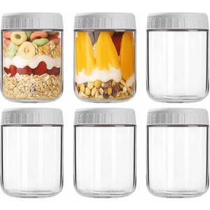 Overnight Oats Containers with Lids, 16oz Wide Mouth Mason Jars with Lids, 6 Pack Glass Jars with Airtight lid for Chia Pudding Yogurt Salad, Meal Prer Oatmeal Jars, Gray