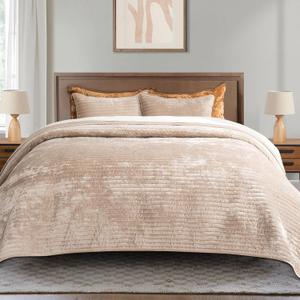 EVERGRACE Velvet Quilt Set King Size, Luxurious Soft Striped Channel Bedding Set, Lightweight Velvet Comforter for All Season, Oversized Bedspread Coverlet with 2 Matching Shams, Beige Taupe (King/Cal King (104" x 92"))
