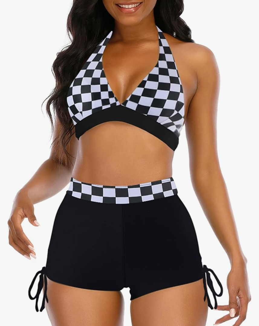 Womens High Waisted Swimsuits with Boy Shorts Brazilian Triangle Top Stripes Halter Bikini Two Piece Bathing Suits M Checkered
