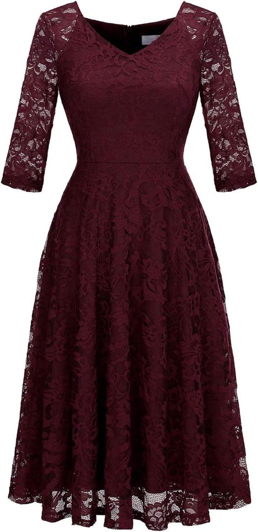 Dressystar Womens Long-Sleeve Wedding Guest Dress A-Line Lace Formal Party Cocktail Midi Dress Prom Gown (Medium, Burgundy)