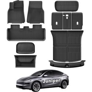 WEIZE Tesla Model Y Juniper Floor Mats 2025 2026, 11 PCS Full Set All Weather Non-Slip Floor Mats & Cargo Liners, Black Car Mats for Tesla Interior Accessories