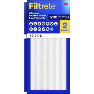 Filtrete 12x24x1 Air Filter, MERV 13 MPR 1900, Allergens, Bacteria, Viruses & Air Pollutants, 3-Month AC/Furnace Filters, Cleaner Air Reliable Airflow, 2 HVAC Filters(Act Size 11.68x23.68x0.78 in)