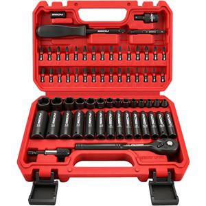 64-Piece 1/4" Drive Impact Socket Wrench Driver-Bits Set, Cr-V Metric&SAE Deep and Shallow Socket Set, S2 Power Bits with Quick-Release Ratchet Handle, Universal Joint, Bit Holder, Power Drill Adapter