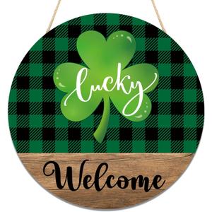 St. Patrick's Day Shamrock Door Sign Lucky Shamrock Wooden Door Wreath for Front Doors Green Irish Clover Welcome Hanging Signs for Spring Holiday Party Home Wall Hanger Farmhouse Indoor Outdoor Decor