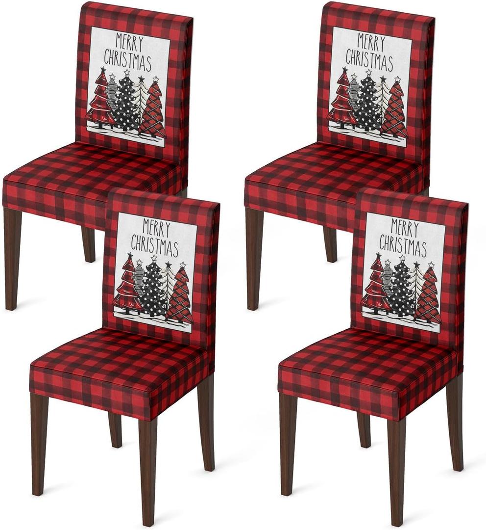 Horaldaily 4PCS Christmas Dining Chair Covers,Red Buffalo Plaid Trees Stretch Removable Washable Slipcover Chair Protector for Dining Room Home Decor