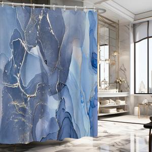 Blue Marble Shower Curtain, Blue Modern Luxury Abstract Shower Curtain Set for Bathroom, Fabric Bath Curtain with Hooks, 72x72in