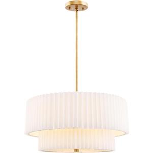 18" Double Drum Chandelier, 3-Light Gold Pendant Light Fixtures with Dual Layer Pleated Fabric Shade, Modern Chandeliers for Dining Room Kitchen Living Room Bedroom Hallway, AD-25036-3P-GD