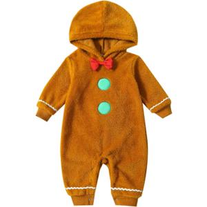 Newborn Gingerbread Costume Christmas Gingerbread Man Romper Long Sleeve Fleece Hooded Jumpsuit Outfit Fall Clothes (6-12 Months, Brown)