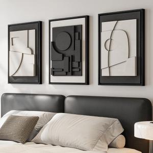 3D Textured Framed Black and White Abstract Wall Art for Bedroom, 3 Piece Modern Paintings Artwork for Walls, Minimalist Black White Geometric Pictures for Living Room, Dining Room Wall Decor 16x24 In