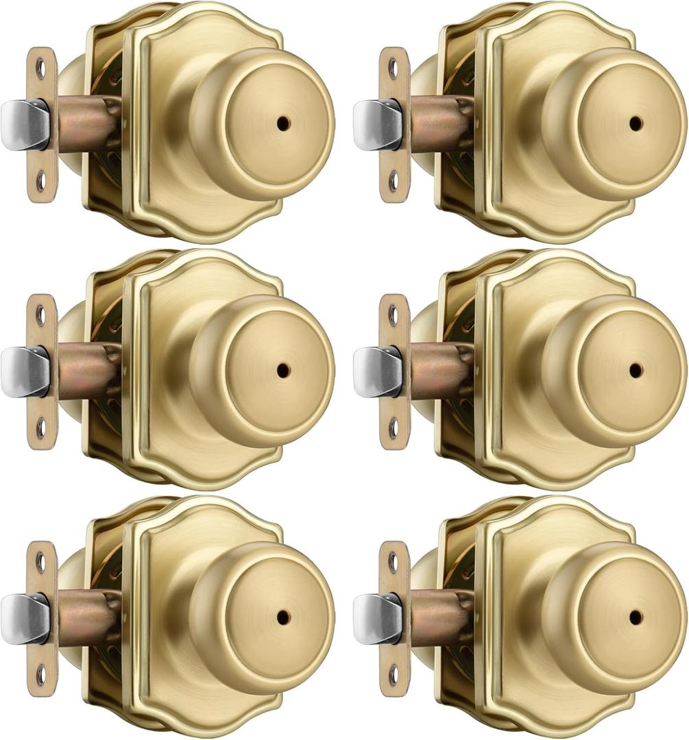 6 Pack Gold Door Knobs with Camelot Trim, Interior Door Knob with Lock, Coastal Privacy Door knob for Bath and Bedroom, Satin Brass