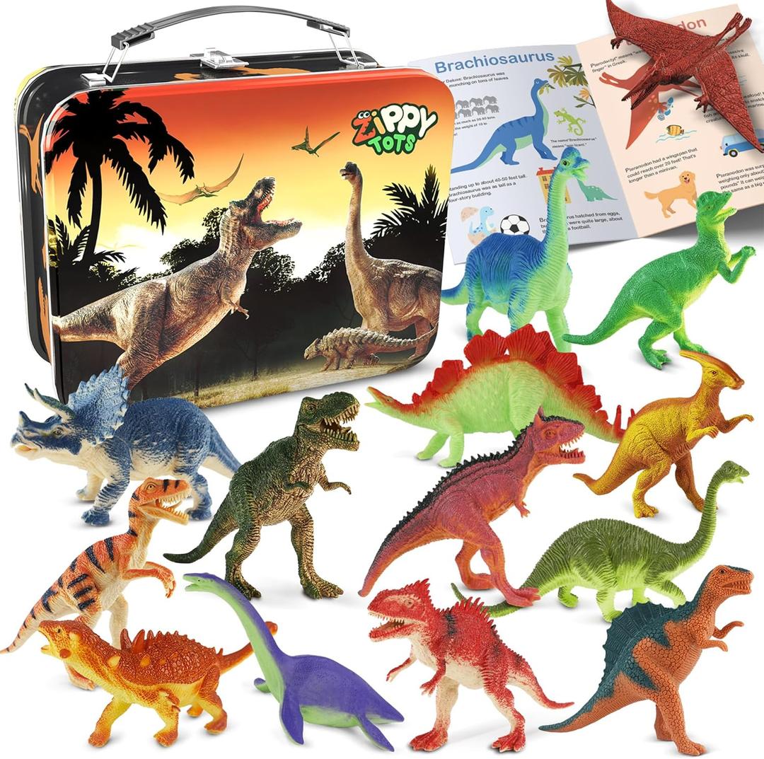 Dinosaur Toys for Kids 3-5 5-7 - 14 Realistic Plastic Dinosaur Figures Set with Storage Box & Learning Booklet - Educational Dino Figure Toys for Boys Girls Toddlers, 14pc-Medium-MetalBox