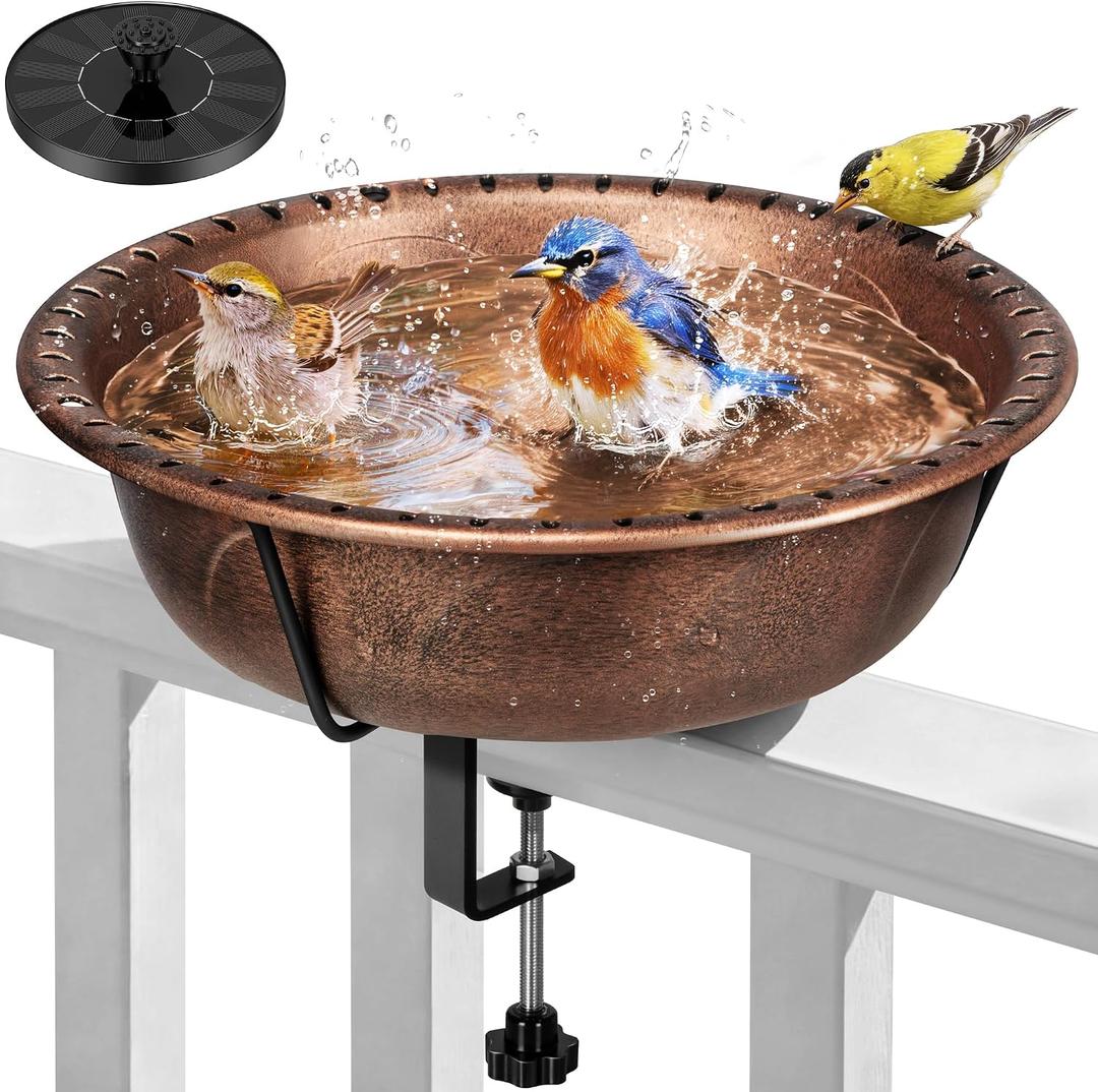 VIVOHOME Deck Mounted Bird Bath with Solar Fountain, Outdoor ABS Birdbath Bowl with Adjustable Metal Clamp, Solar Powered Pump for Railing, Fence, Balcony, 1.45 Gallons, Bronze