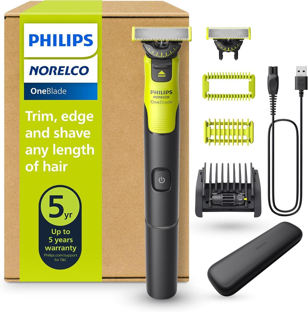 Philips Norelco OneBlade 360 with Connectivity Hybrid Face + Body, Electric Beard Trimmer, Shaver and Body Groomer with 360 Blade Tech, 1x360 Blade, 5-in-1 Comb, Body Kit, Travel Case, Model QP4631/90 (Black/Lime Green)