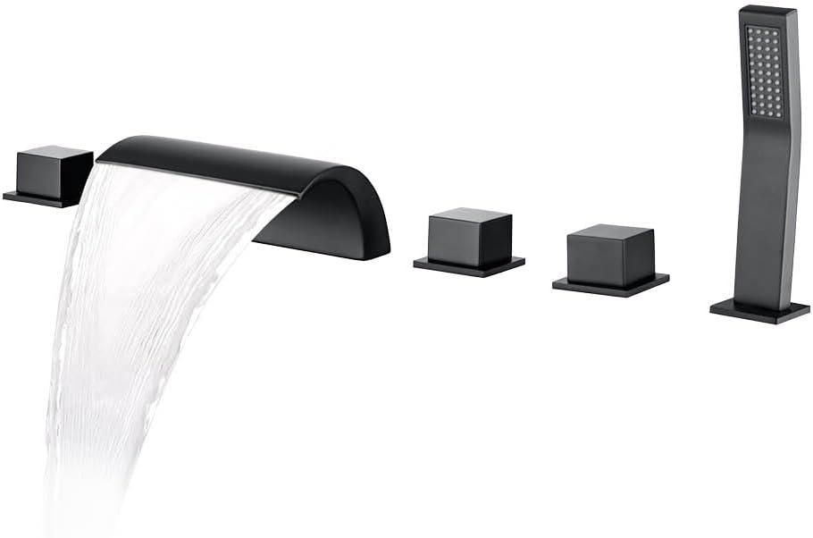 Roman Bathtub Faucet Set with Sprayer 5 Hole Waterfall Bathroom Tub Faucet Set Widespread Tub Filler Faucet Deck Mounted Bathtub Faucet Set with Valves, Matte Black