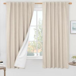 LAMIT 100% Blackout Oatmeal Linen Curtains, 63 Inches Linen Textured Thermal Bedroom Curtains Back Tab and Rod Pocket Neutral Panels with White Liner for Farmhouse, 2 Panels, 52 x 63 Inch