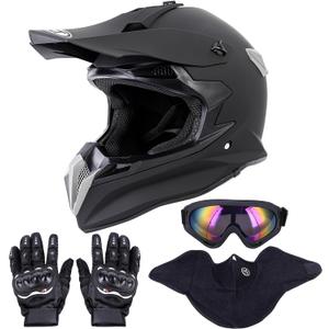 Adult Motocross Dirt Bike Helmet with Goggle, Gloves & Mask - DOT/FMVSS-218 Off-Road Motorcycle & ATV Helmet with Adjustable Sun Visor (X-Large, Matte Black-188)