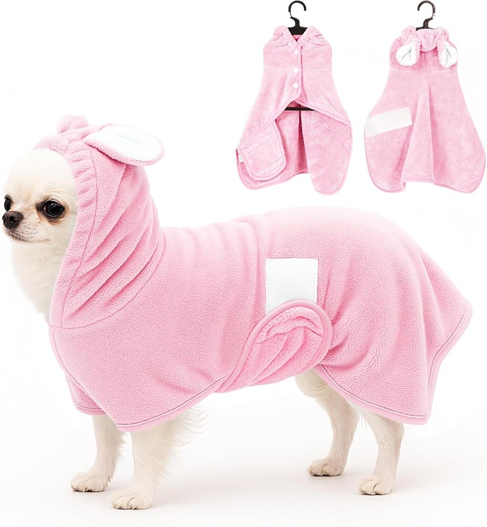 Pet Bathrobe Towel Dog Cat Drying Coat Super Absorbent Cute Dogs Bath Towel Hooded Robe Adjustable Collar & Belly Strap for XSmall to XLarge Pets (Pink, Small)