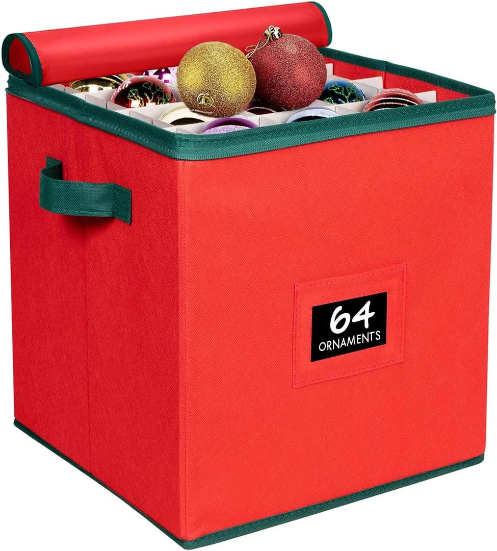 HOLDN STORAGE Christmas Ornament Storage Box Christmas Decor Storage Containers that Store up to 64  3 x 3 Holiday Xmas Ornaments  Adjustable Compartment To Fit Many Sizes Ornaments  Red