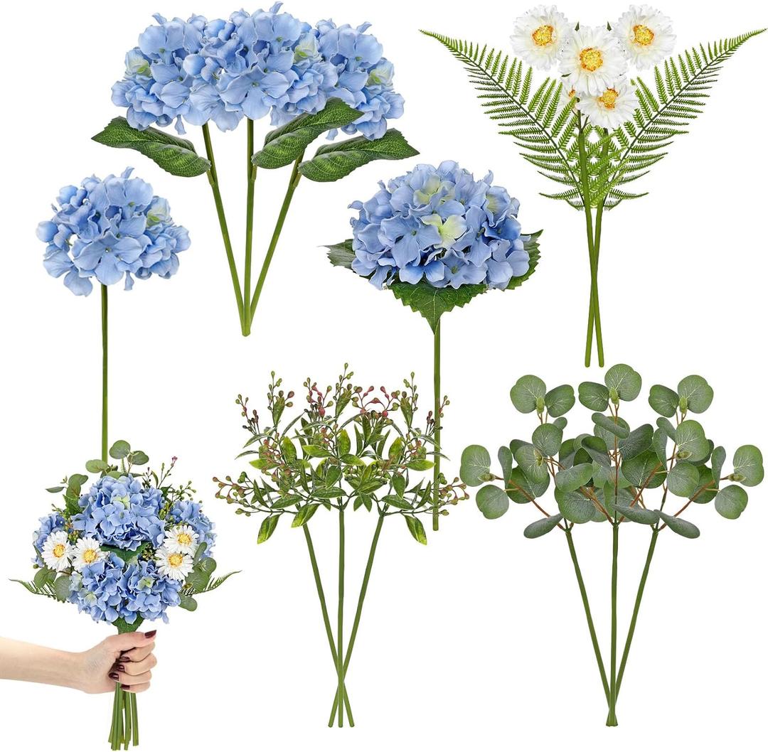 Hydrangea Artificial Flowers, 12PCS Mixed Blue Faux Flowers with Hydrangea & Daisies, Up to 16.1 Inch Long Silk Fake Flowers for Vase DIY Wedding Bouquet Party Centerpieces Arrangement Home Decor