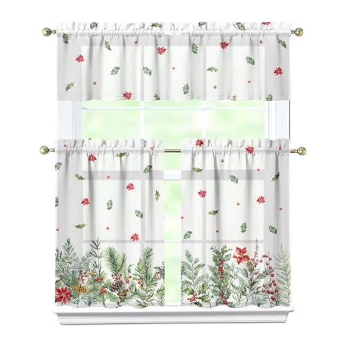 Rodvnyh Christmas Kitchen Curtains 3 Piece Set Short Tier Xmas Valances Over Sink for Windows Winter Holiday Cafe Curtain Window Treatment Home Decor 24 Inch