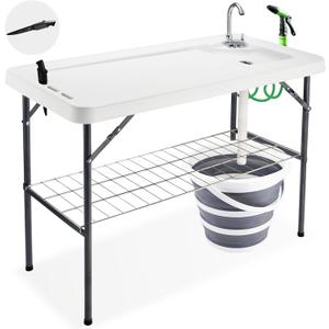 Folding Fish Cleaning Table with Collapsible Bucket, Portable Outdoor Fillet Station Camping Sink Table with Faucet, Drainage Hose & Sprayer, Grid Rack, Knife Groove for Picnic Fishing