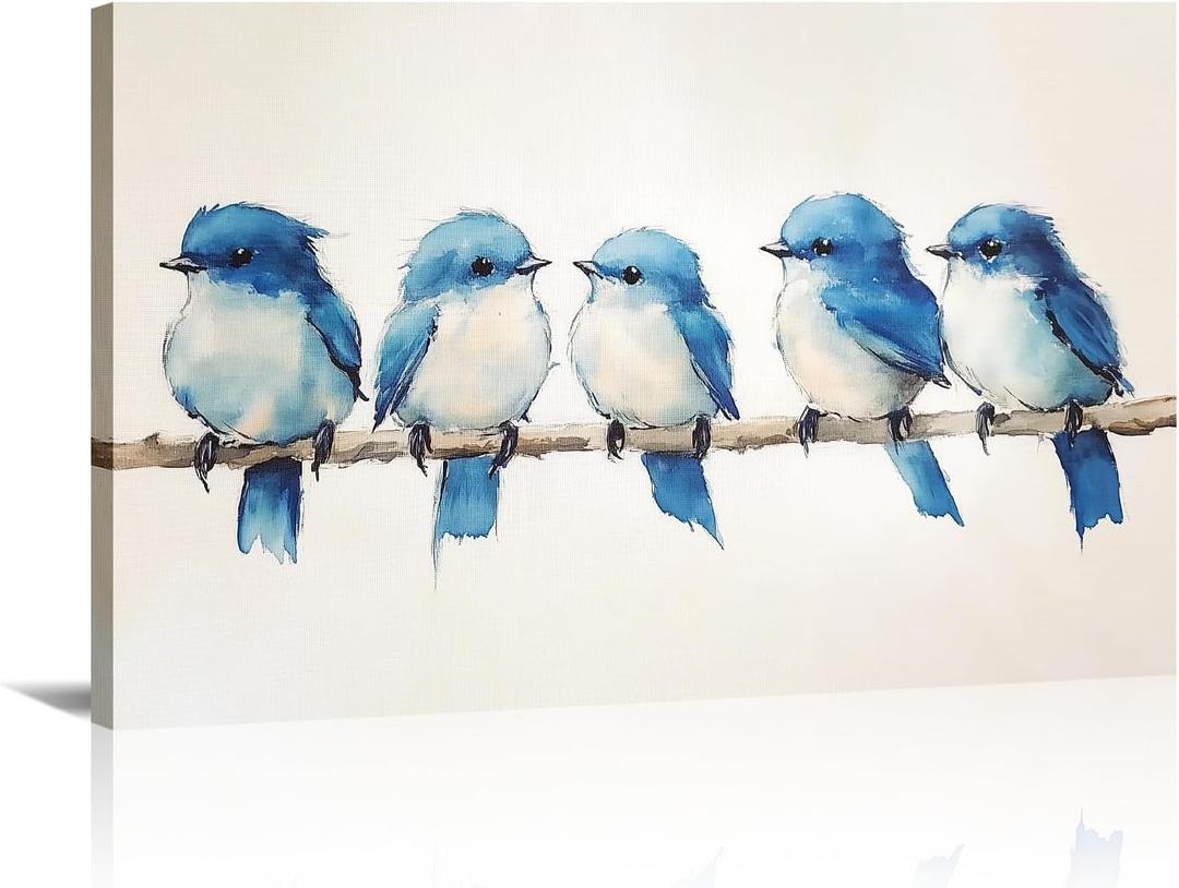 Birds Canvas Wall Art Flock of Blue Birds Stood on Branch Pictures Wild Animal Painting Vintage Prints Minimalism Artwork for Living Room Home Decor Framed(Birds-12,16.00x24.00 inch)
