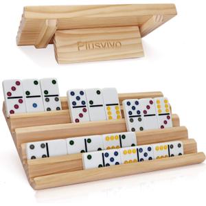 Plusvivo Domino Racks Set of 2, Wooden Domino Trays Holders Organizer for Mexican Train and Other Dominoes Games 10 x 5.5 x 0.79 Inches - Dominoes NOT Included