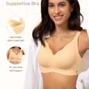 Wireless Bra Women Seamless Push Up Support Comfort V Neck Full Coverage Sleep T-Shirt Everyday Bras (Beige, L)