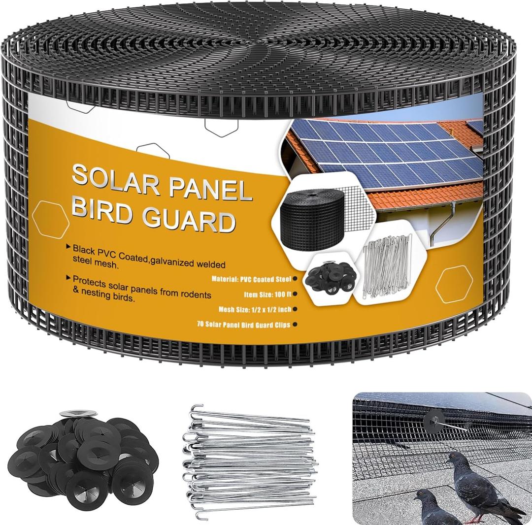 Solar Panel Bird Guard,6in x 100ft Critter Guard Roll Kit for Roof Protection Net Wire Screen, Rust-Proof Black PVC Coated Galvanized Net Pigeon Mesh with 70 Fastener Clips for Bird, Animal Control