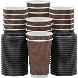 Qunclay Disposable Coffee Cups with Lids,16 oz (80 Pack) Togo Hot Paper Coffee Cup with Leak-Proof Lid To Go for Hot/Cold Beverages Insulated Reusable Drinks Corrugated Ripple Cups, Brown 