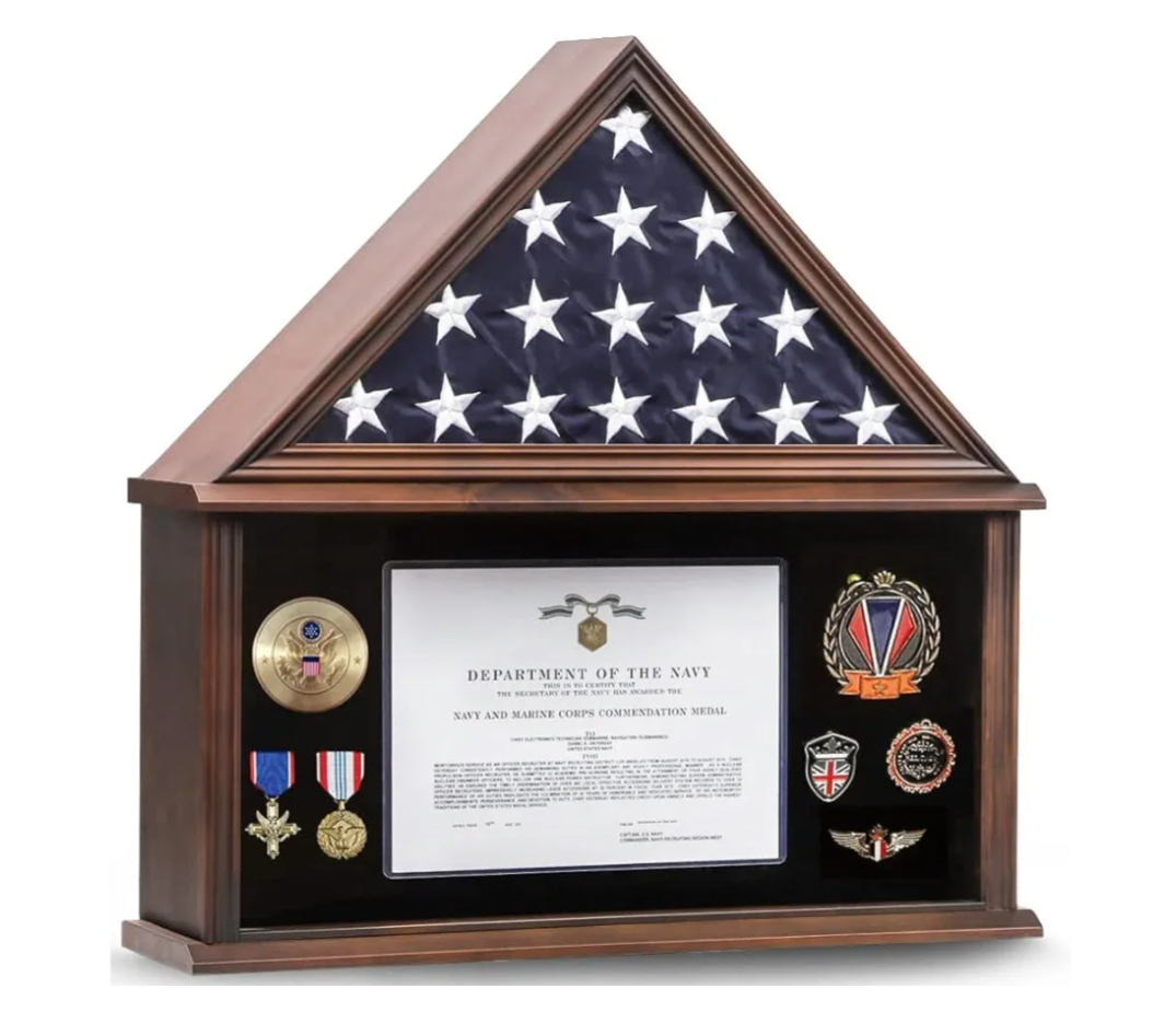 Large Burial Flag Case - Solid Wood Display Case for 5x9.5 Folded Military Flag with Certificate Holder - Walnut Finish