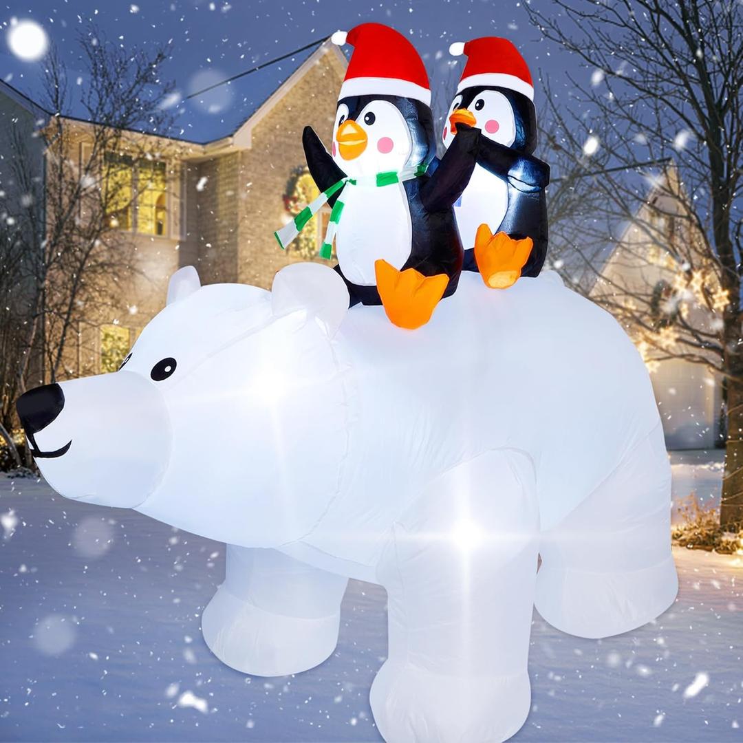 SAND MINE 6.5 Foot Tall Christmas Inflatable Penguins on Polar Bear, LED Lights Outdoor Indoor Holiday Decorations, Christmas Blow up Lawn Inflatables for Christmas Home Yard Decoration