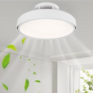 Bladeless Ceiling Fan with Light and Remote, Flush Mount Low Profile Ceiling Fan, Modern Enclosed Fandelier with Dimmable LED Light, Quiet Ceiling Fan for Bedroom Living Room Kitchen, Modern White