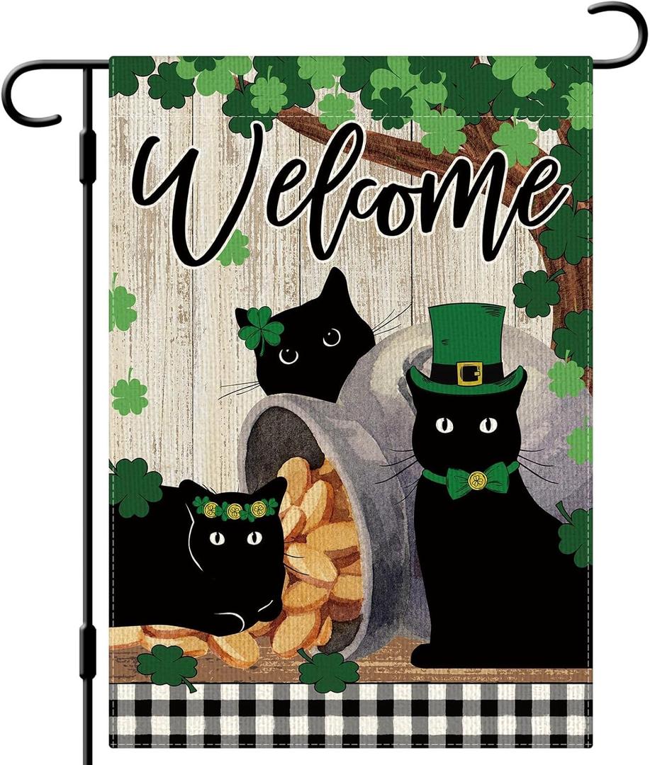 DLZDN St Patricks Day Black Cat Garden Flag Shamrocks Clovers Garden Flag 1218 Inch Double Sided Buffalo Plaid Farmhouse Welcome Yard Flag Holiday Outdoor Decor