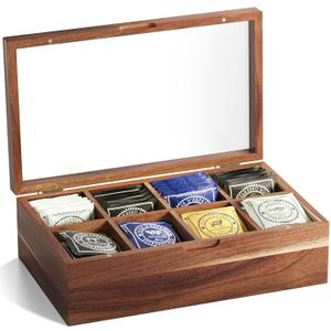 Acacia Wood Tea Bag Organizers, Tea and Sugar Packet Storage Chest,Wooden Teabag Holder Containers,Teabox Storage Box with 8 Compartments and Clear Acrylic Top Window