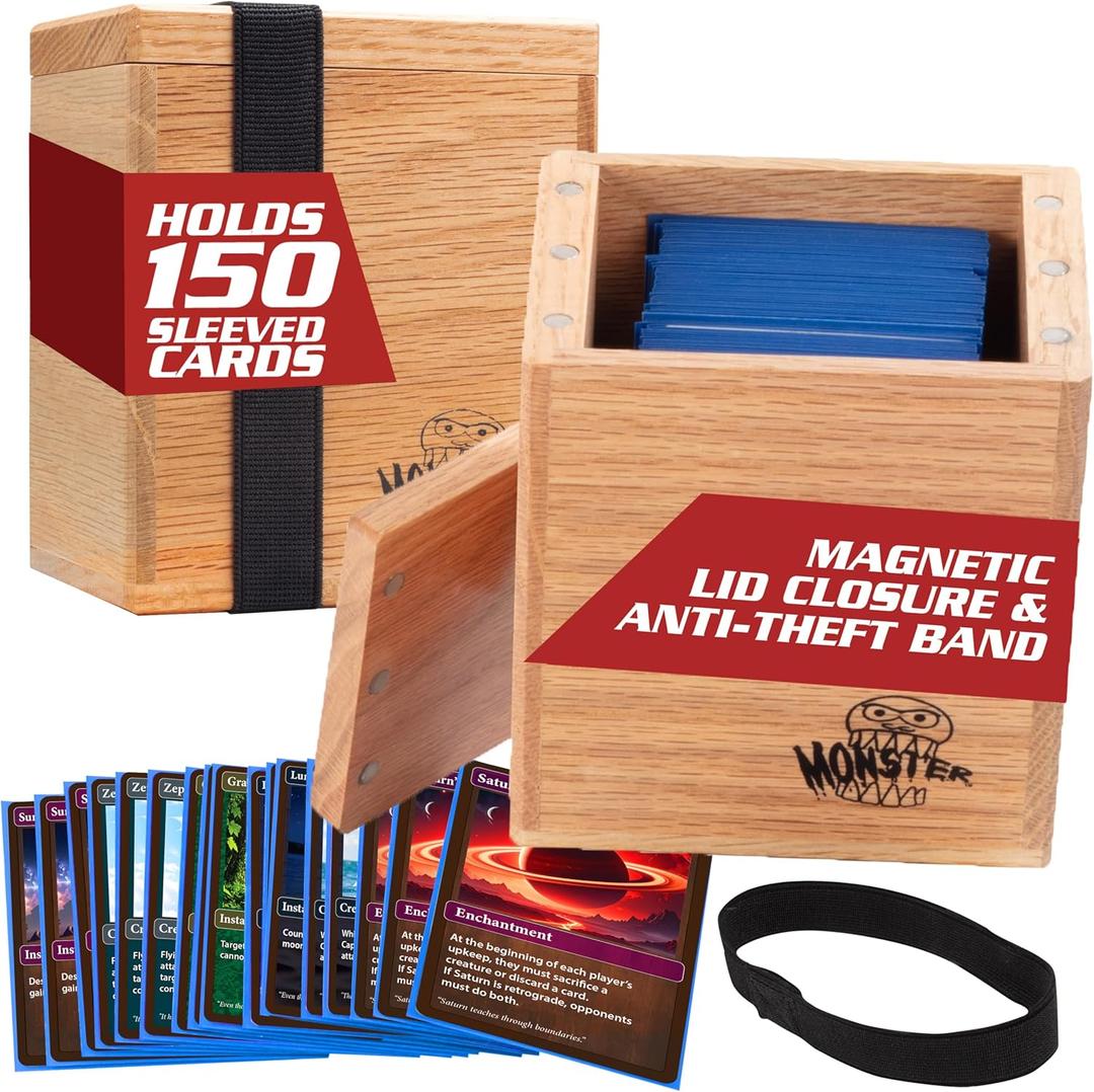 Monster Wooden Double Deck Box w Magnetic Lid & Security Band - Premium Holds 150 Sleeved Cards - Compatible with Yugioh, Commander Magic the Gathering MTG, Sports & Trading Card TCG Games, Gift (Red Oak)